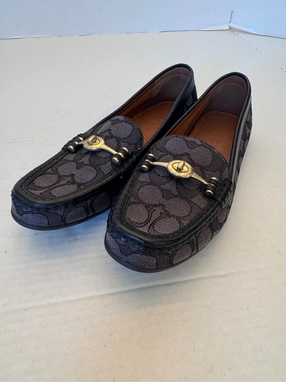 Coach Crosby Driver Loafers Signature Jacquard Turnlock Black Grey Shoes Size 7B